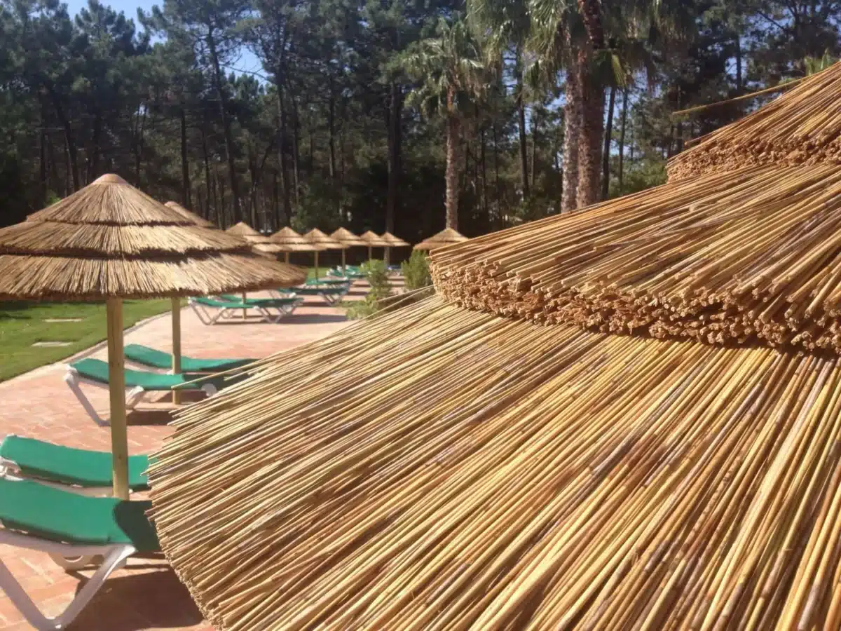 Clube de Golfe da Aroeira - Fornecimento e montagem de chapéus de sol em colmo, incluindo postes em madeira tratada e estrutura metálica galvanizada
